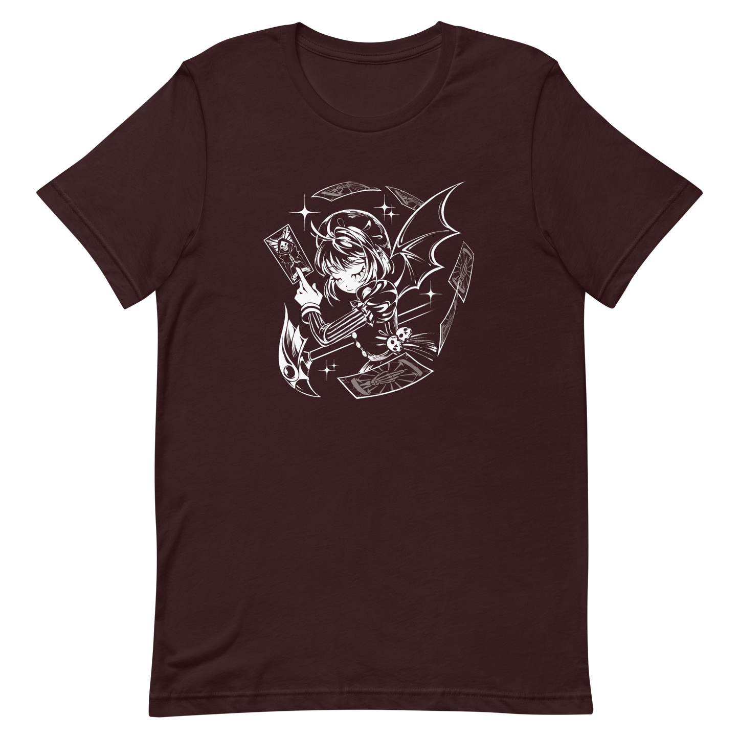 Black-and-white illustration of a gothic anime-style girl with bat wings, holding a magical card while floating cards swirl around her, along with sparkles and a stylized scepter.