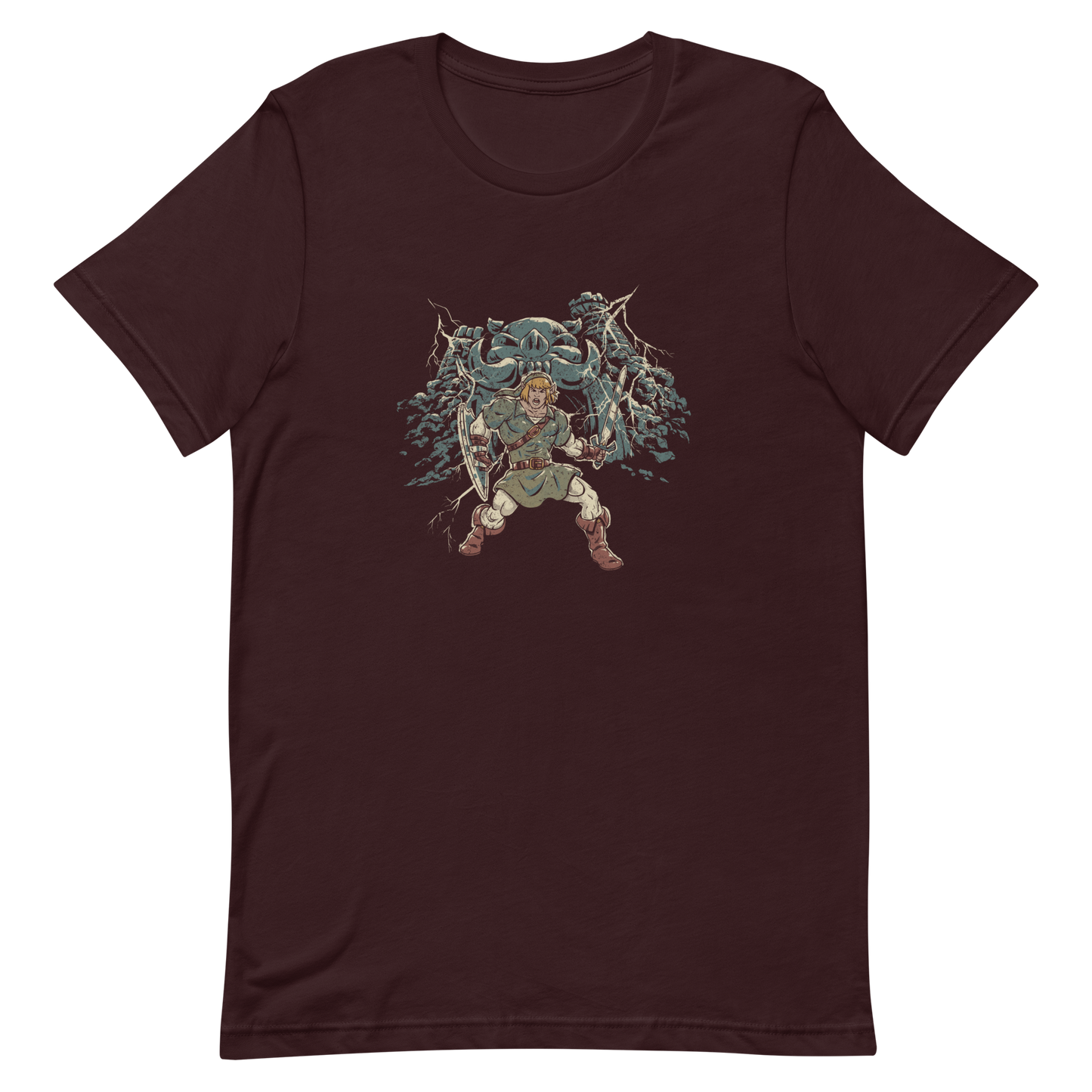 A fierce warrior stands with sword and shield, lightning cracking behind him as he screams in defiance — mixing classic fantasy aesthetics with retro game frustration.