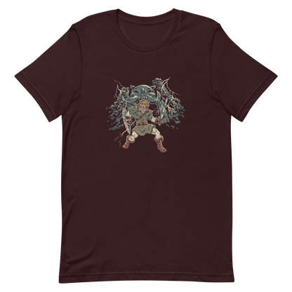 A fierce warrior stands with sword and shield, lightning cracking behind him as he screams in defiance — mixing classic fantasy aesthetics with retro game frustration.