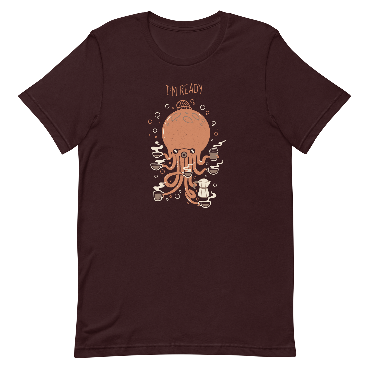 An orange octopus wearing a cap, balancing several cups of steaming coffee on its tentacles. This design blends the marine world with a passion for coffee, creating a fun and energetic scene. Ideal for coffee lovers, fans of funny illustrations, and anyone who needs a stylish morning pick-me-up.
