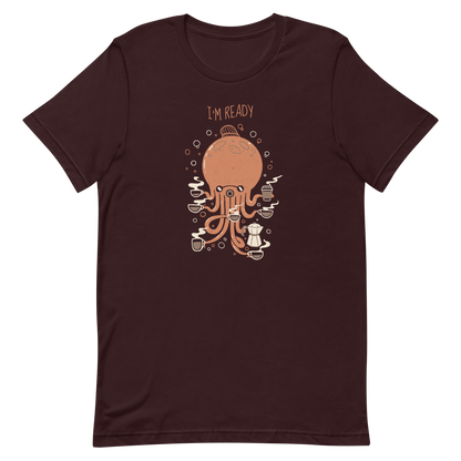 An orange octopus wearing a cap, balancing several cups of steaming coffee on its tentacles. This design blends the marine world with a passion for coffee, creating a fun and energetic scene. Ideal for coffee lovers, fans of funny illustrations, and anyone who needs a stylish morning pick-me-up.