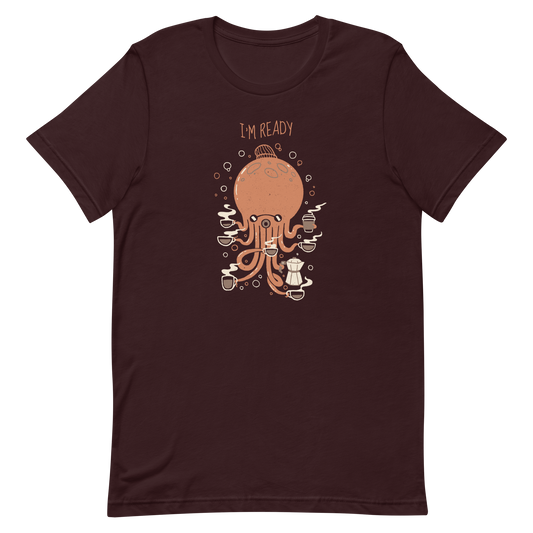 An orange octopus wearing a cap, balancing several cups of steaming coffee on its tentacles. This design blends the marine world with a passion for coffee, creating a fun and energetic scene. Ideal for coffee lovers, fans of funny illustrations, and anyone who needs a stylish morning pick-me-up.