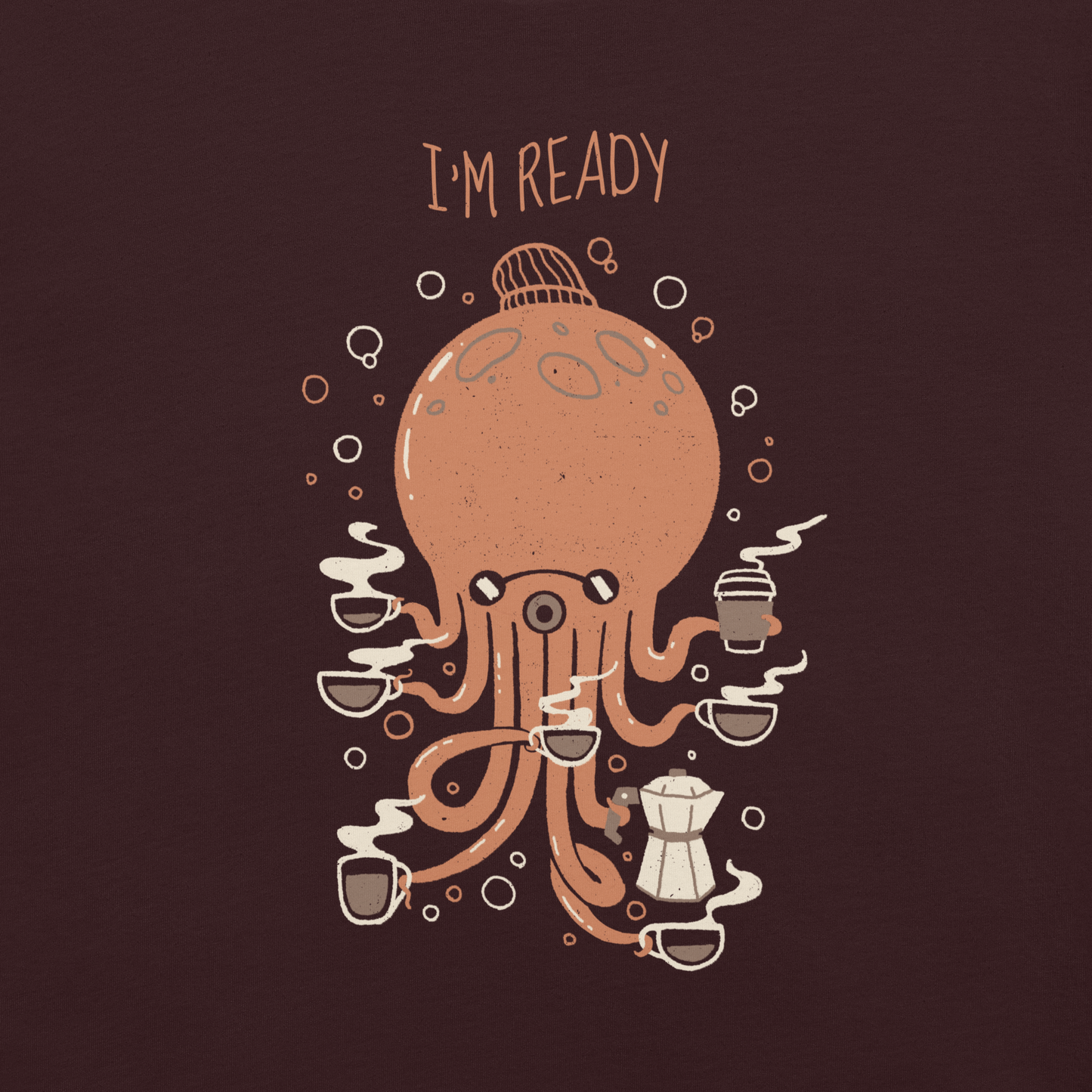 An orange octopus wearing a cap, balancing several cups of steaming coffee on its tentacles. This design blends the marine world with a passion for coffee, creating a fun and energetic scene. Ideal for coffee lovers, fans of funny illustrations, and anyone who needs a stylish morning pick-me-up.