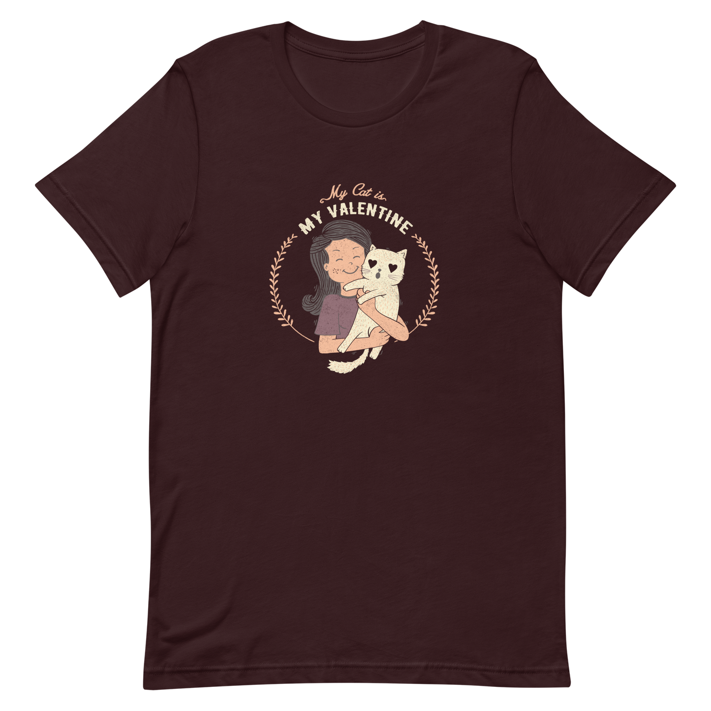 A cute illustration of a woman holding an adorable cat, paired with the phrase “My Cat Is My Valentine”. A sweet and relatable Valentine’s Day design for cat lovers.