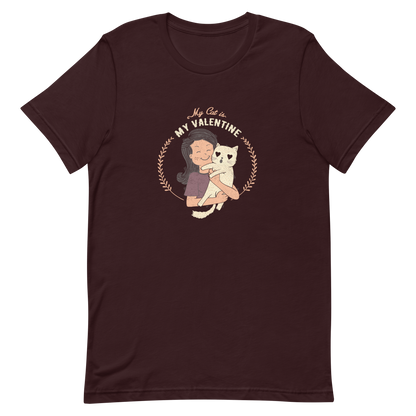A cute illustration of a woman holding an adorable cat, paired with the phrase “My Cat Is My Valentine”. A sweet and relatable Valentine’s Day design for cat lovers.