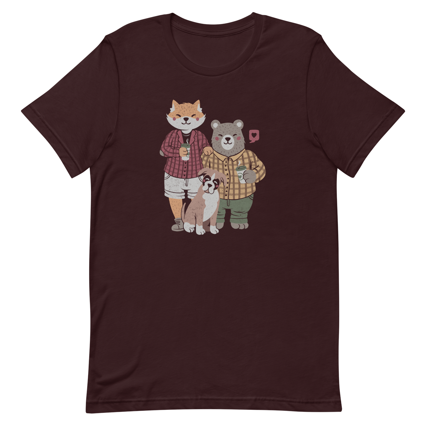 A beautiful family made up of a little red fox, a gray bear wearing plaid shirts and having a coffee with their boxer dog. An art that shows that families can be different what matters is love.