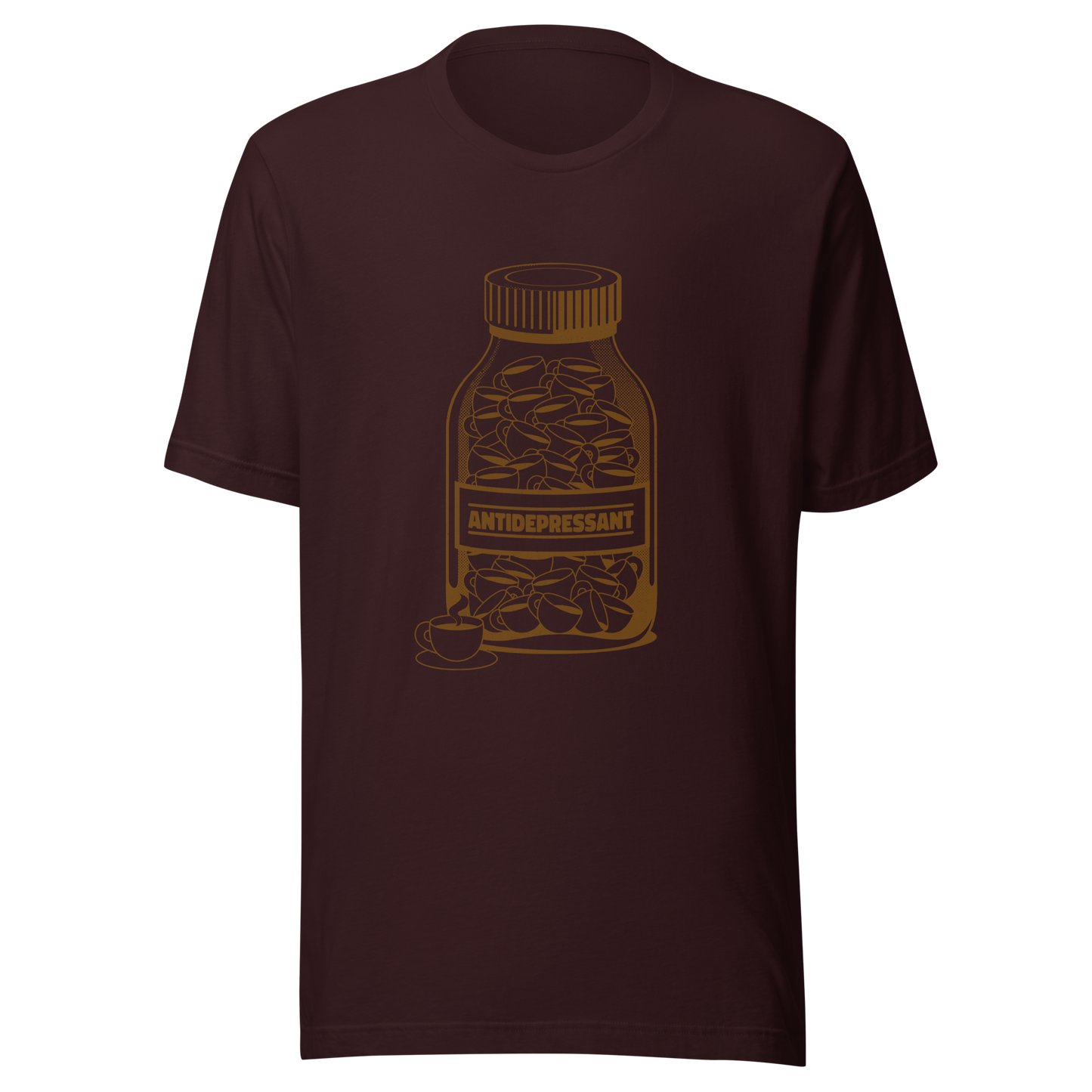 A medicine bottle filled with small coffee cups, labeled ‘antidepressant’. A playful, humorous design that celebrates coffee as a daily mood booster, perfect for coffee lovers who rely on caffeine to feel happier.