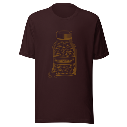 A medicine bottle filled with small coffee cups, labeled ‘antidepressant’. A playful, humorous design that celebrates coffee as a daily mood booster, perfect for coffee lovers who rely on caffeine to feel happier.