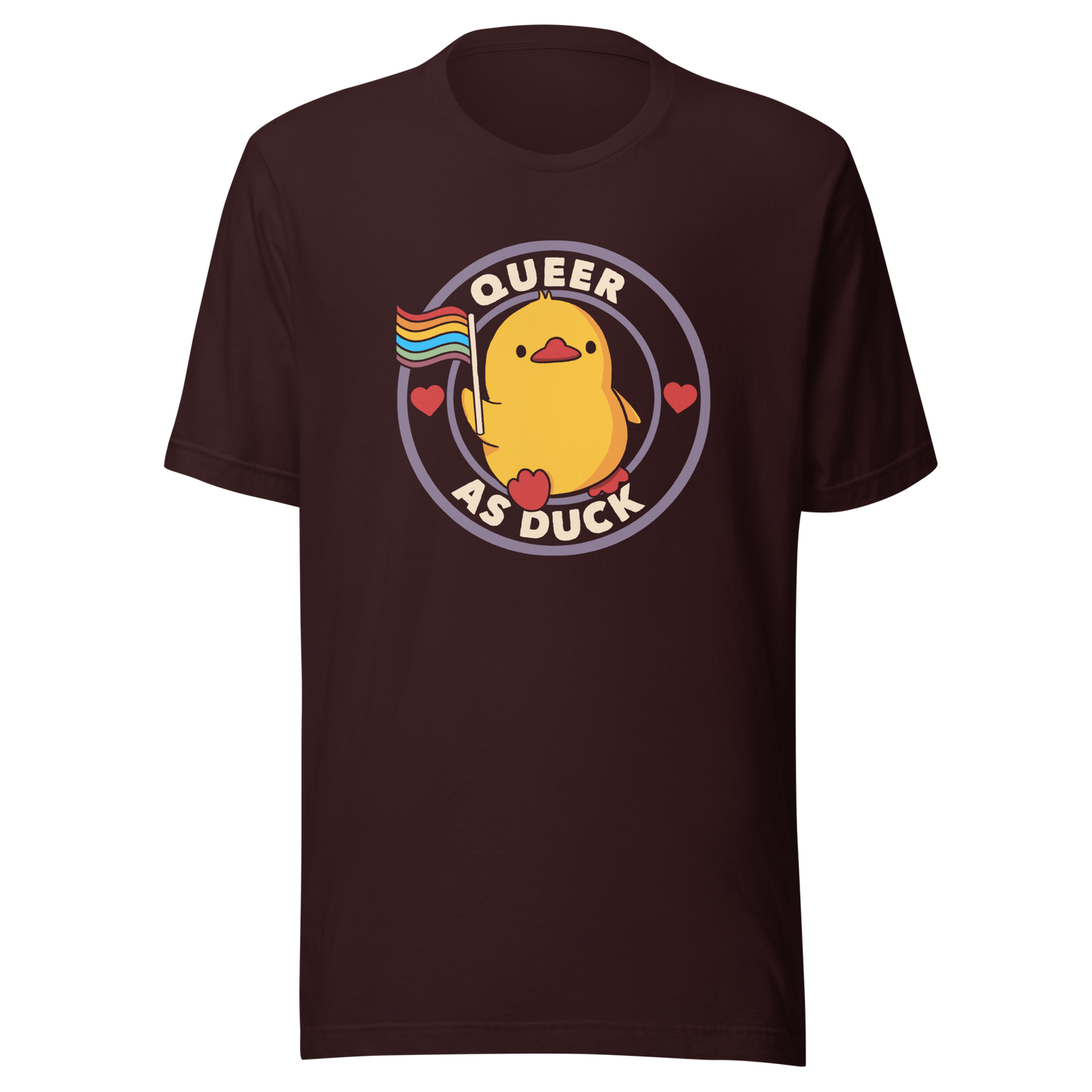 A stamp featuring an adorable duckling holding the LGBTQ flag, surrounded by the text "Queer as Duck". This charming artwork serves as a perfect way to display your support for LGBTQ rights.