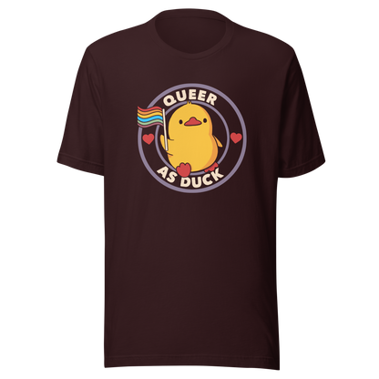 A stamp featuring an adorable duckling holding the LGBTQ flag, surrounded by the text "Queer as Duck". This charming artwork serves as a perfect way to display your support for LGBTQ rights.