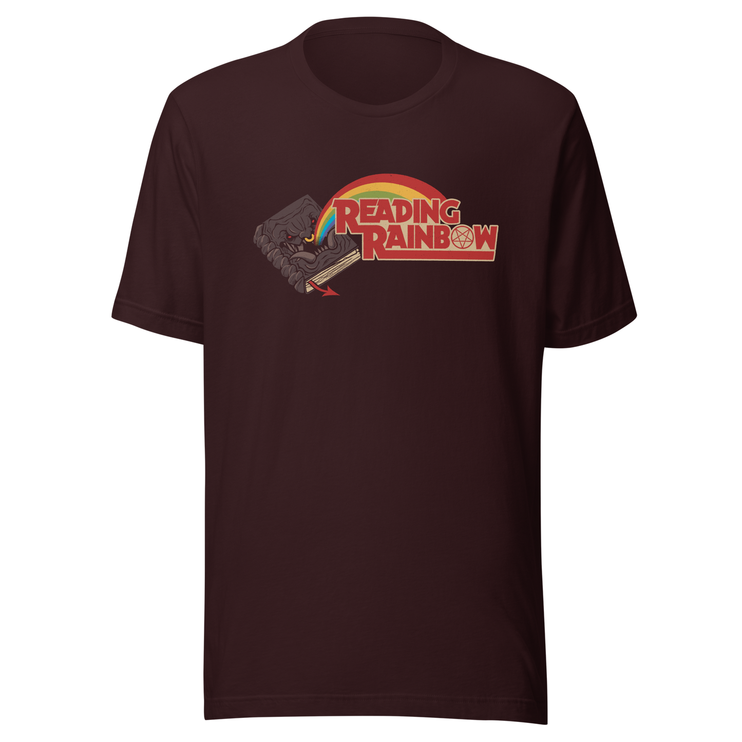 A bold and surreal illustration featuring a living, demonic book with a vibrant rainbow emerging from it, paired with the phrase “Reading Rainbow”. A pentagram subtly forms inside the letter O, adding an ironic and edgy twist. Perfect for book lovers, fantasy fans, and those who enjoy dark humour with a playful, graphic vibe.