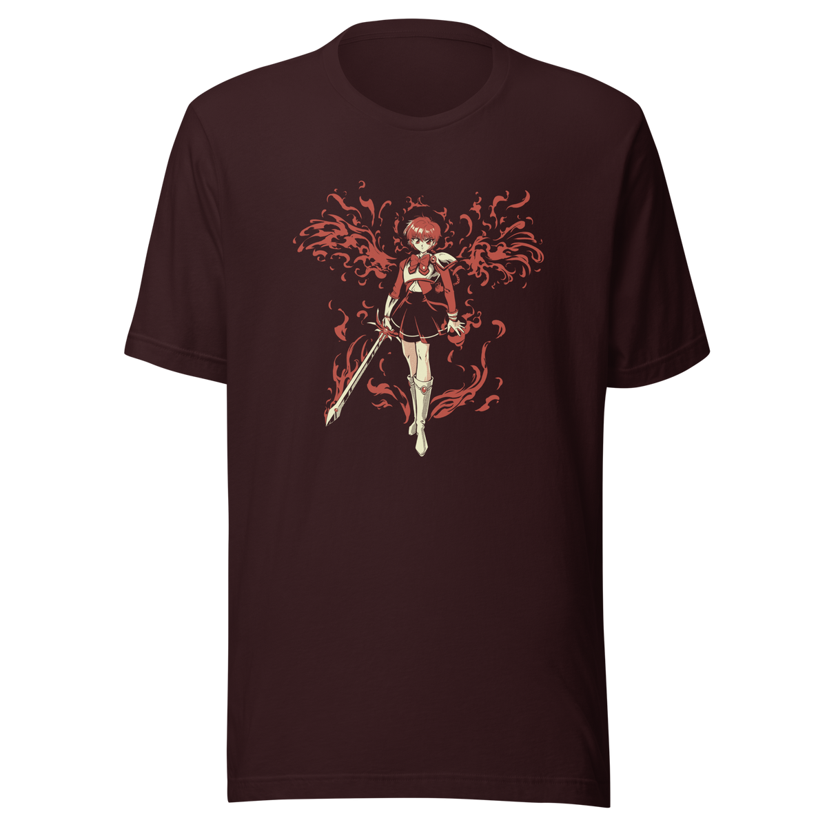Anime-style girl holding a sword, surrounded by flowing red flames.