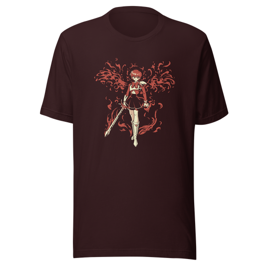 Anime-style girl holding a sword, surrounded by flowing red flames.
