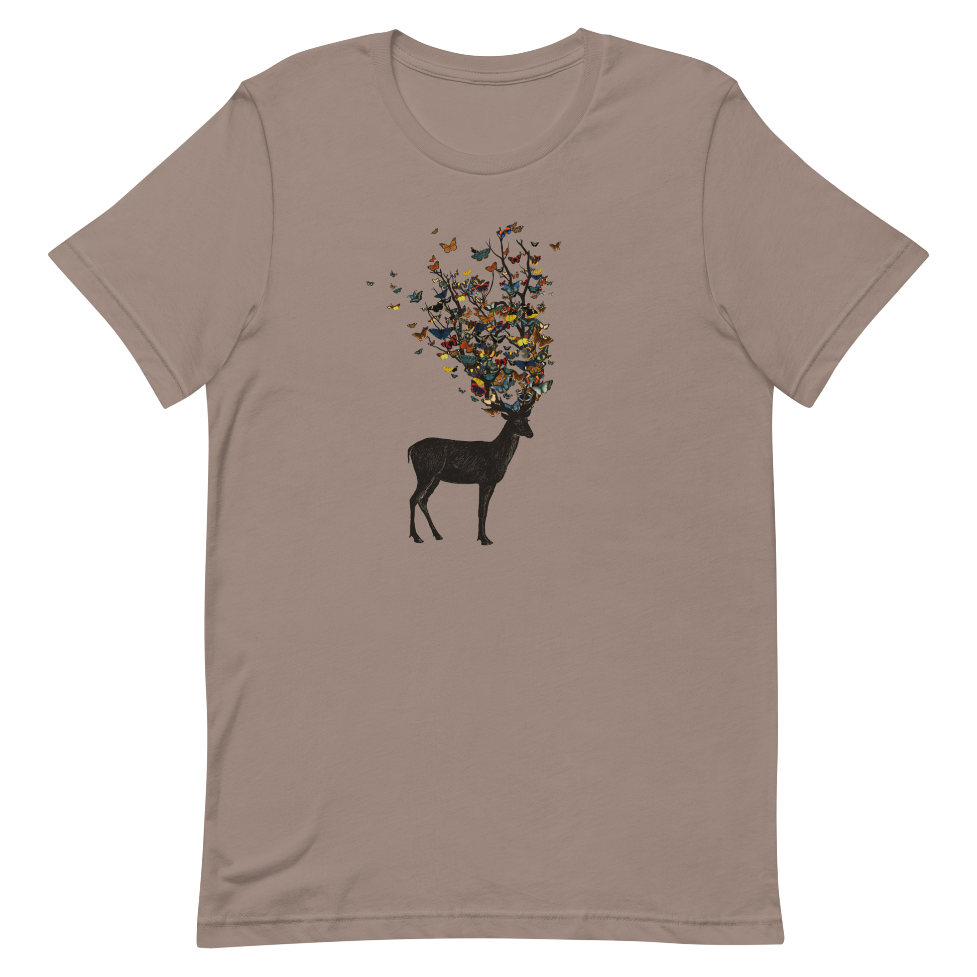 The image depicts a dark, silhouetted deer standing on a neutral background. Instead of branches, its antlers transform into a swirling cloud of vibrant, colorful butterflies that extend upwards and outward. The mix of organic and ethereal elements creates a captivating and whimsical visual contrast.