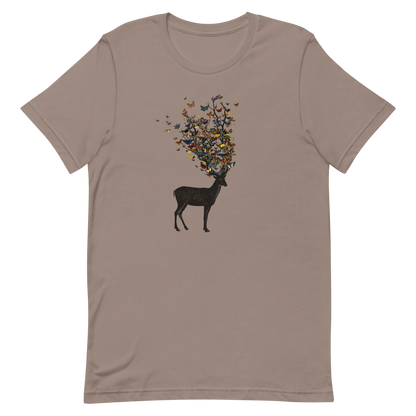 The image depicts a dark, silhouetted deer standing on a neutral background. Instead of branches, its antlers transform into a swirling cloud of vibrant, colorful butterflies that extend upwards and outward. The mix of organic and ethereal elements creates a captivating and whimsical visual contrast.