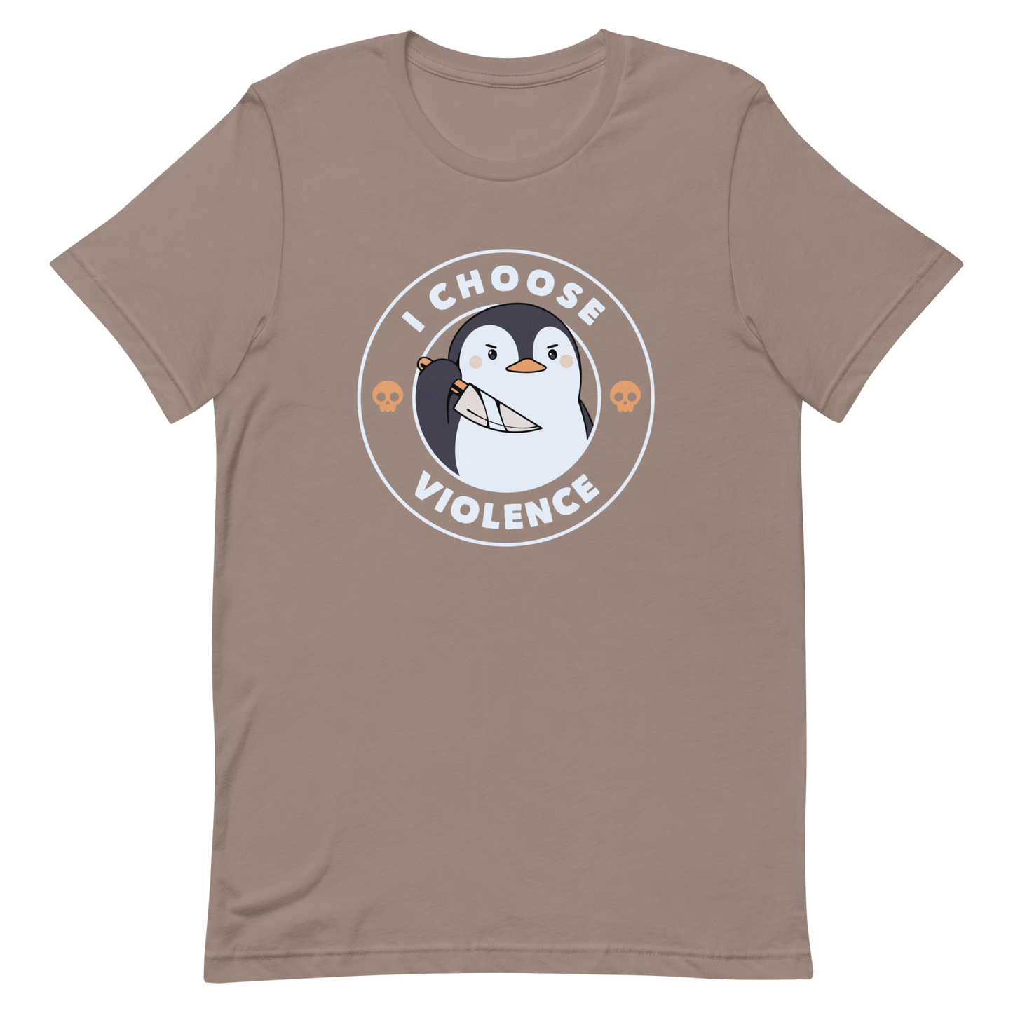 A cartoon-style penguin with a slightly menacing expression holds a large knife. It is surrounded by the words 'I CHOOSE VIOLENCE' in bold uppercase letters. There are two small orange skulls flanking the penguin. The overall design is circular and features contrasting colors for a dramatic effect.