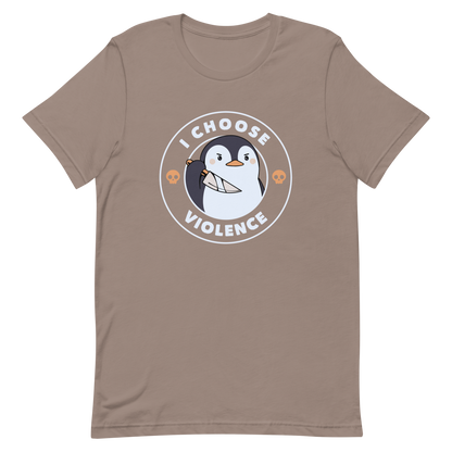 A cartoon-style penguin with a slightly menacing expression holds a large knife. It is surrounded by the words 'I CHOOSE VIOLENCE' in bold uppercase letters. There are two small orange skulls flanking the penguin. The overall design is circular and features contrasting colors for a dramatic effect.