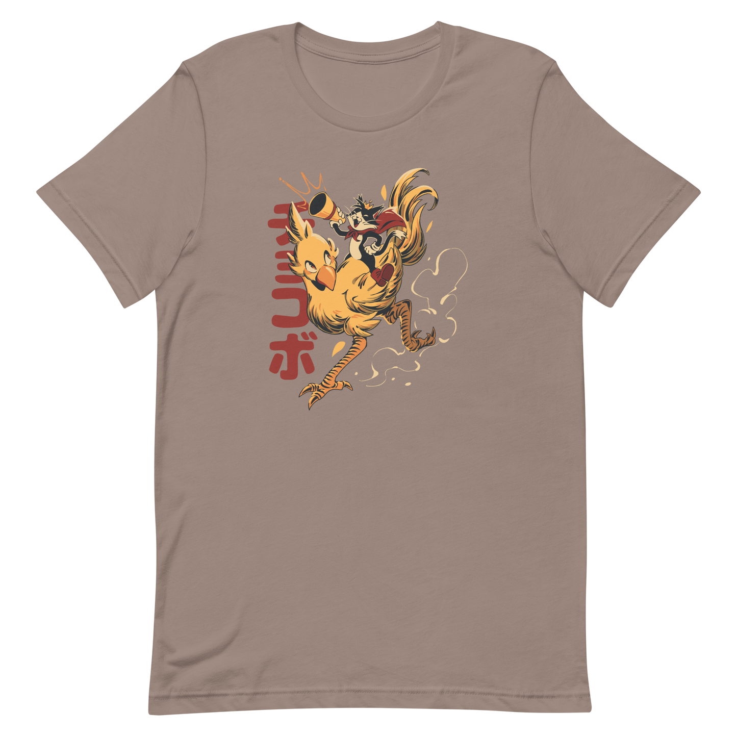 A stylized cartoon illustration of a confident cat wearing a cape and crown while riding a large yellow bird at full speed, with dynamic motion lines and Japanese writing in the background.