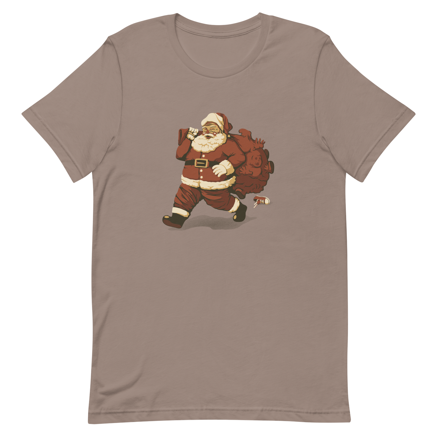 A cute Santa Claus carrying a red bag full of what appear to be gifts, but when you look closer you can see that there are several little boys. A fun art that mixes up the story that the good boys are going to get charcoal from Santa, but this time Santa is taking them.