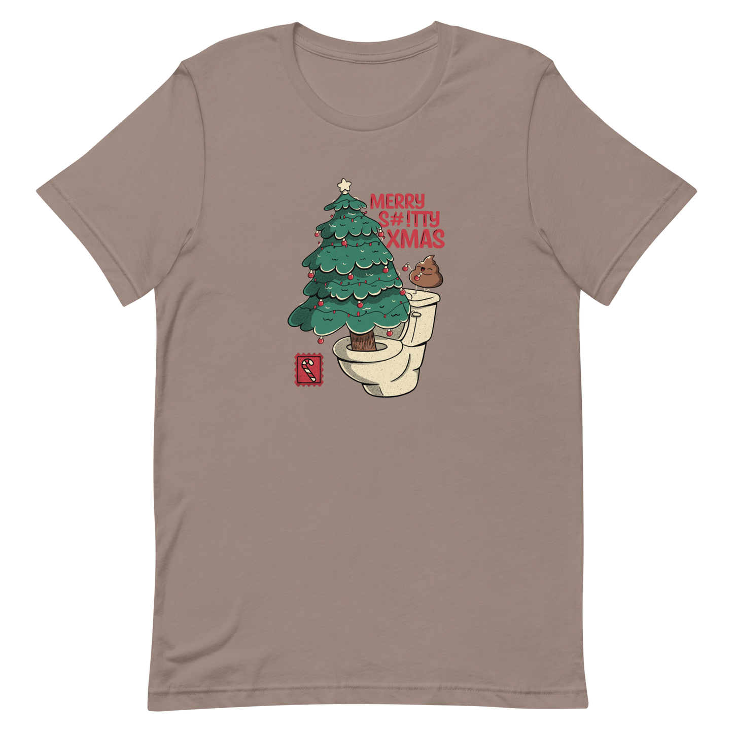 A toilet from which a Christmas tree is being decorated with Christmas decorations by a small poop, next to them the phrase "Merry Shitty Xmas". An art with a lot of humor for the Christmas mood.