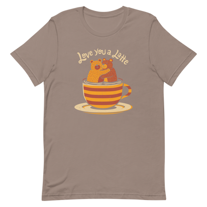 A cute Valentine’s Day illustration featuring two teddy bears hugging inside a cup of black coffee, paired with the phrase “I Love You a Latte”. A sweet and cosy design for coffee lovers, bear fans, and anyone who enjoys playful, romantic humour.

