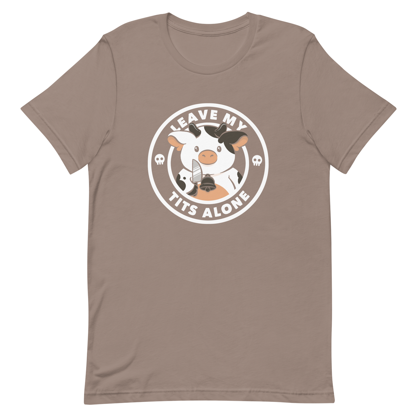 A quirky stamp-style design featuring a cute spotted cow holding a knife with the phrase “Leave My Tits Alone.” It mixes humor, attitude, and a playful call for animal respect. Perfect for cow lovers, fans of sassy humor, and anyone who supports animal rights.