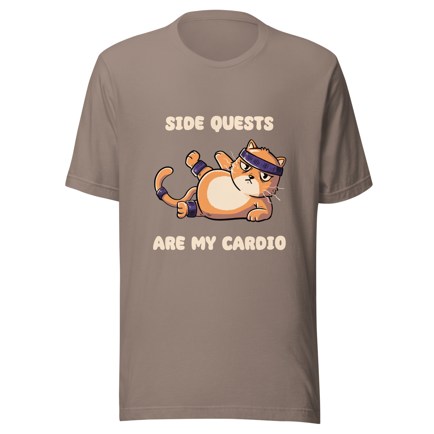 An orange kitten in gym clothes doing an aerobic workout, paired with the phrase ‘Side Quests Are My Cardio Gym Cat’. A humorous design that mixes cats, gaming vibes and fitness irony, perfect for those who prefer playful side quests over serious workouts.
