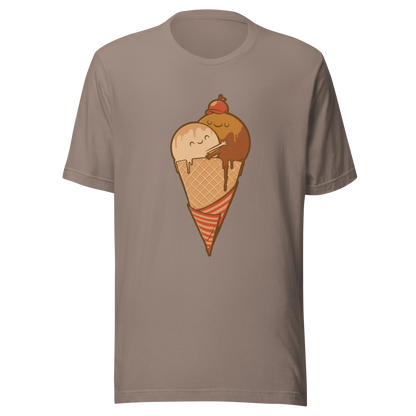 A cute illustration of an ice cream cone and two scoops hugging to form a heart, celebrating love, sweetness, and playful vibes. Perfect for dessert lovers and fans of adorable art.