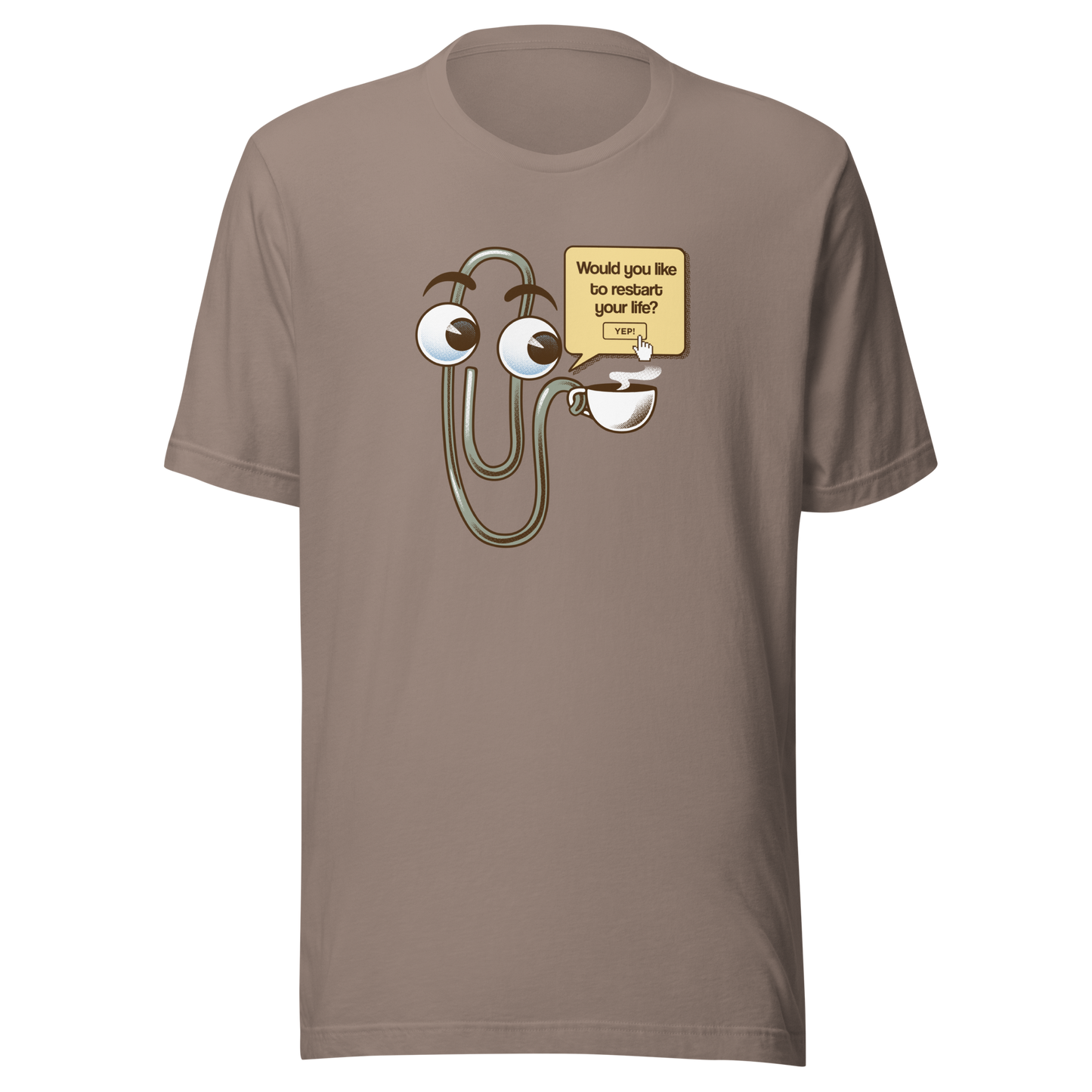 A playful paperclip character holding a cup of coffee with the phrase ‘You Look Like You Need a Coffee’. A witty, nostalgic design perfect for coffee lovers and fans of retro tech humour.