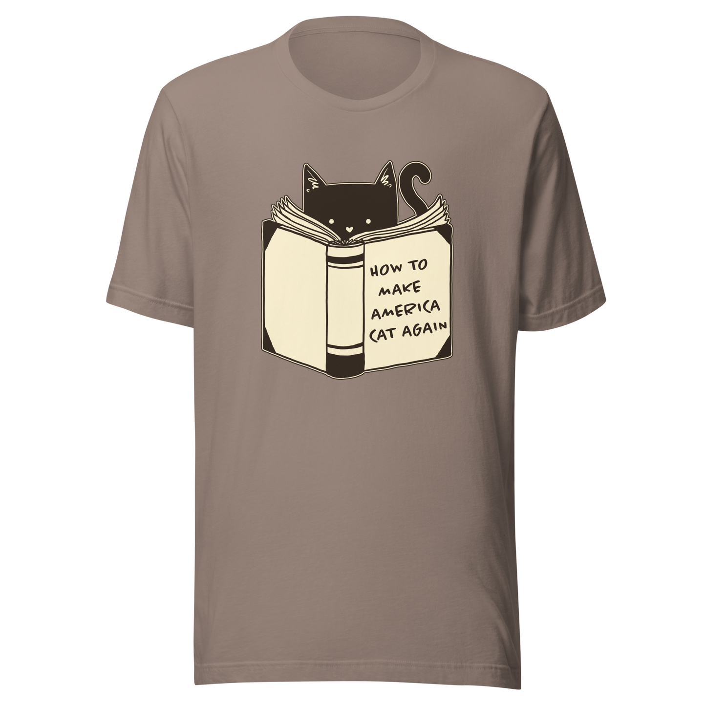 A minimalist illustration of a cat reading a book titled “How to Make America Cat Again”. A clean, witty design that blends feline charm with ironic humor, perfect for cat lovers and fans of clever, minimalist art.