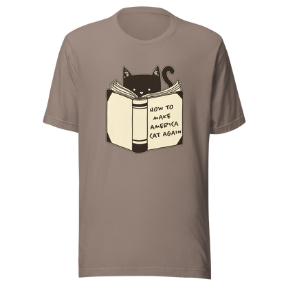 A minimalist illustration of a cat reading a book titled “How to Make America Cat Again”. A clean, witty design that blends feline charm with ironic humor, perfect for cat lovers and fans of clever, minimalist art.