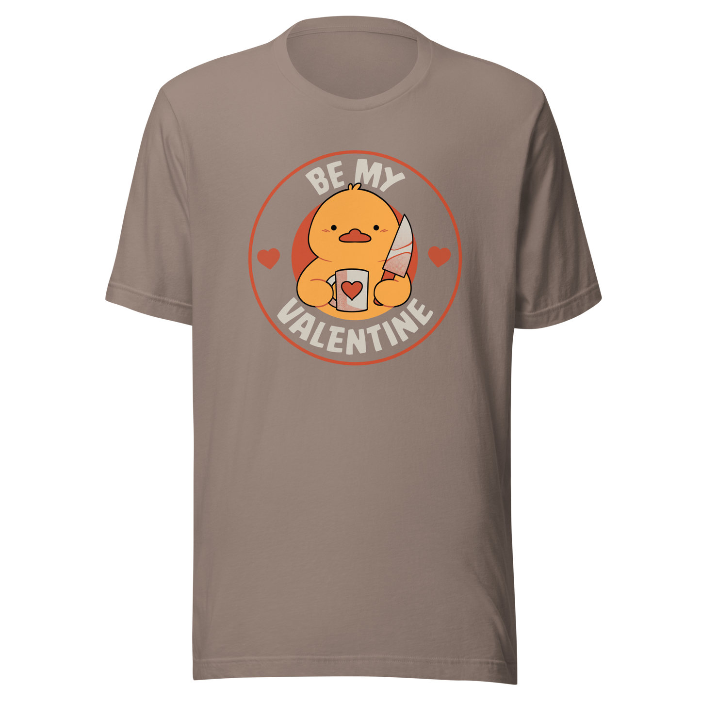 A cute duckling holding a heart-shaped coffee mug and a small knife, paired with the phrase ‘Be My Valentine Funny Duck’. A playful mix of cuteness and dark humor, perfect for coffee lovers and fans of ironic, quirky art.