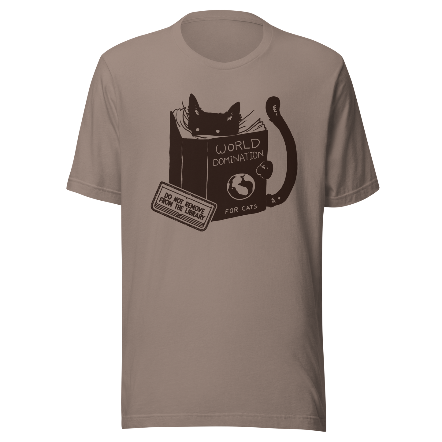 A minimalist illustration of a black kitten reading a book titled “World Domination for Cats,” featuring a humorous “Do Not Remove From Library” sticker. A playful artwork that captures the clever and ambitious nature of cats, perfect for cat lovers and fans of witty minimalist designs.