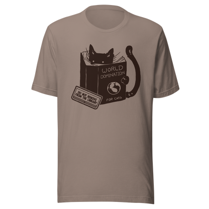 A minimalist illustration of a black kitten reading a book titled “World Domination for Cats,” featuring a humorous “Do Not Remove From Library” sticker. A playful artwork that captures the clever and ambitious nature of cats, perfect for cat lovers and fans of witty minimalist designs.