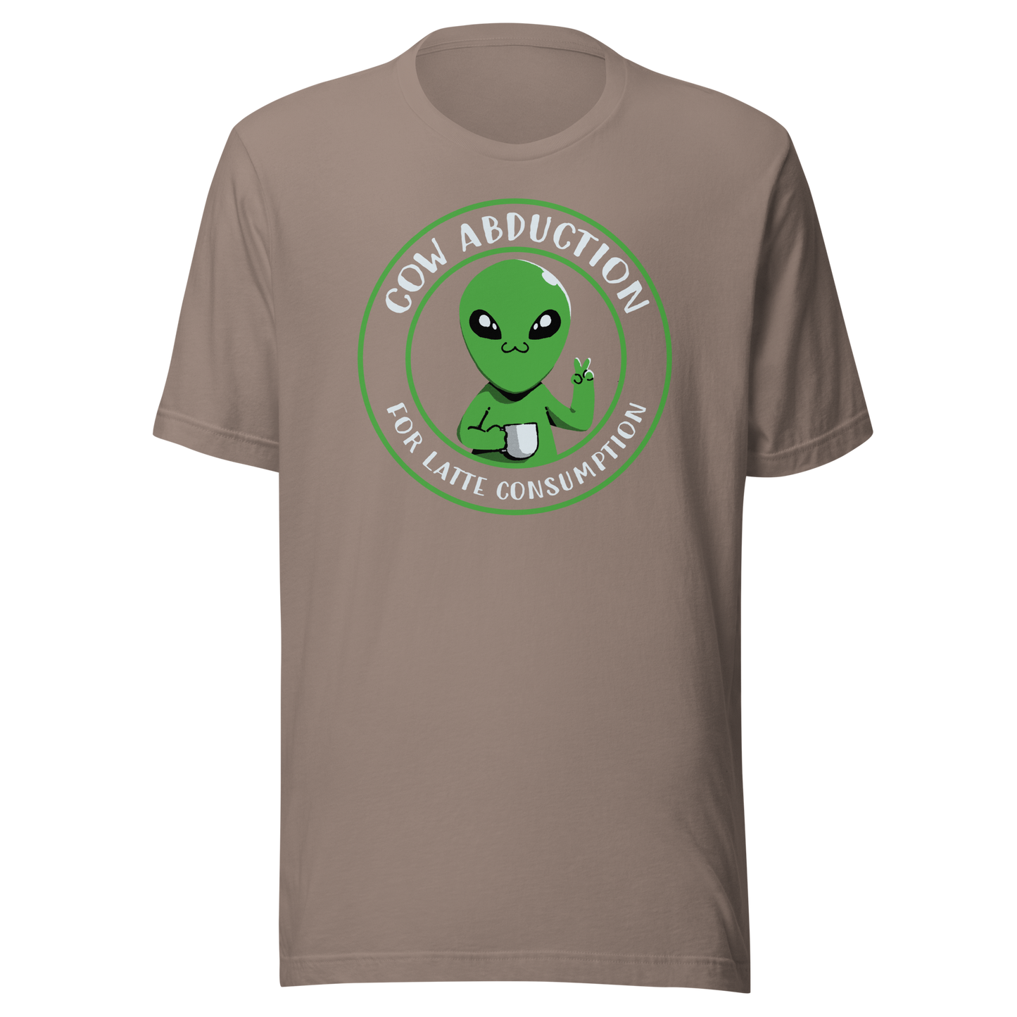 A cute alien holding a cup of coffee, paired with the phrase ‘Cow Abduction For Latte Consumption’. A playful and humorous design that mixes sci-fi vibes with coffee obsession. Perfect for coffee lovers, alien enthusiasts, and anyone who enjoys quirky, funny art with a cosmic twist.