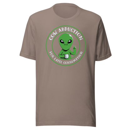A cute alien holding a cup of coffee, paired with the phrase ‘Cow Abduction For Latte Consumption’. A playful and humorous design that mixes sci-fi vibes with coffee obsession. Perfect for coffee lovers, alien enthusiasts, and anyone who enjoys quirky, funny art with a cosmic twist.