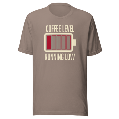 A minimalist artwork featuring a nearly empty battery indicator paired with the phrase ‘Coffee Level Running Low.’ A witty and relatable design for coffee lovers, caffeine addicts, office workers, students, and anyone who runs on coffee to get through the day.