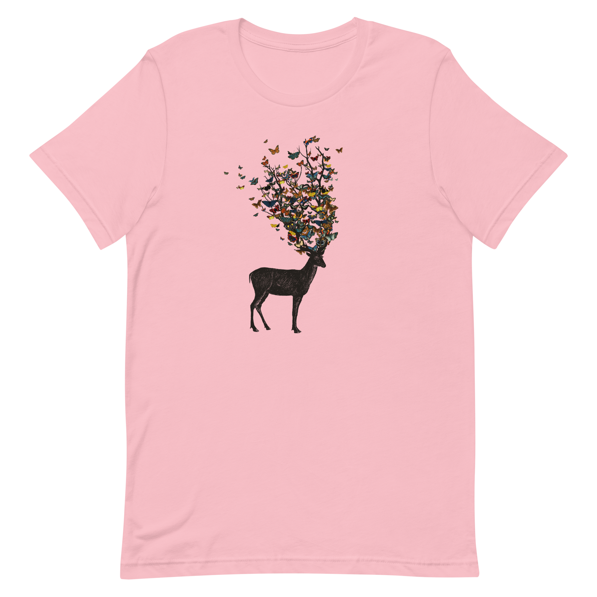 The image depicts a dark, silhouetted deer standing on a neutral background. Instead of branches, its antlers transform into a swirling cloud of vibrant, colorful butterflies that extend upwards and outward. The mix of organic and ethereal elements creates a captivating and whimsical visual contrast.