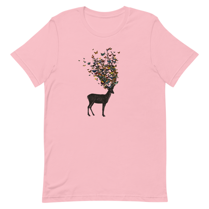 The image depicts a dark, silhouetted deer standing on a neutral background. Instead of branches, its antlers transform into a swirling cloud of vibrant, colorful butterflies that extend upwards and outward. The mix of organic and ethereal elements creates a captivating and whimsical visual contrast.