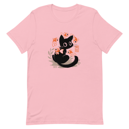 This unique design features a charming black cat amidst playful koi, rendered in beautiful Sumi-e ink style. A perfect blend of Japanese art and anime whimsy for any cat lover.