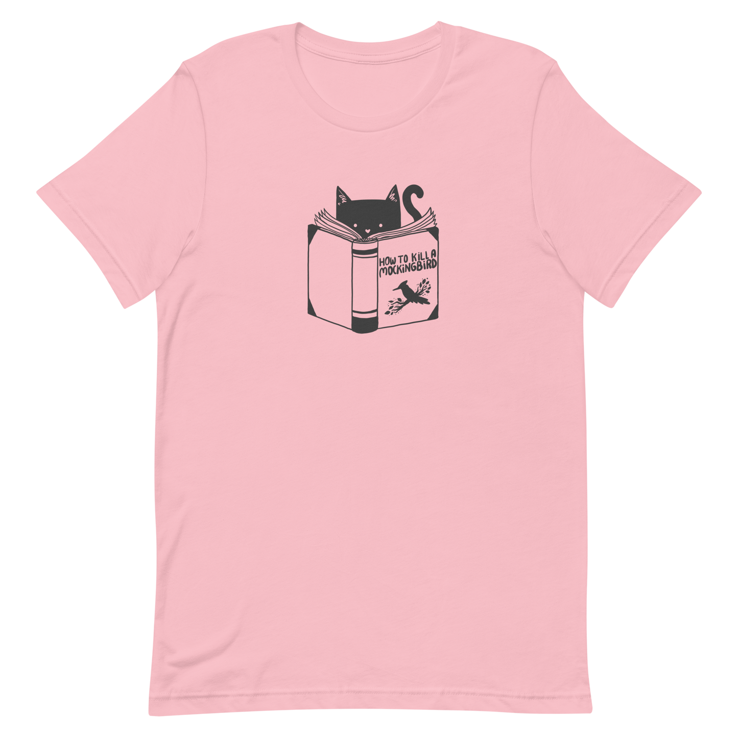 A black and white illustration features a cat peeking over an open book titled 'How to Kill a Mockingbird,' playfully altering the classic novel's title. The cat has a heart-shaped nose and simple, cute facial features. The design is whimsical and ironic, combining classic literature with a humorous twist.