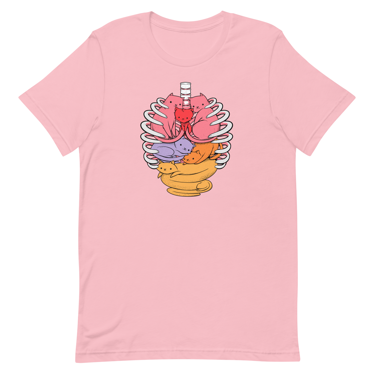 The image features a unique and colorful illustration of six whimsical cats nestled within and around a human ribcage. Each cat is a different bright color, ranging from pink and purple to orange and yellow, creating a visually appealing and vibrant composition. The use of contrasting colors and playful subject matter gives it a charming and eye-catching style.