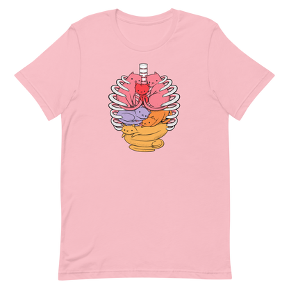 The image features a unique and colorful illustration of six whimsical cats nestled within and around a human ribcage. Each cat is a different bright color, ranging from pink and purple to orange and yellow, creating a visually appealing and vibrant composition. The use of contrasting colors and playful subject matter gives it a charming and eye-catching style.