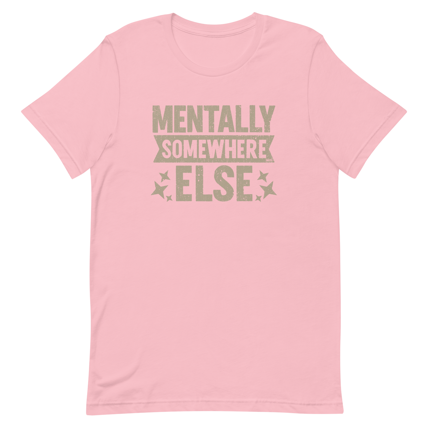 Distressed vintage-style text graphic displaying the phrase “Mentally Somewhere Else,” decorated with scattered star icons and a bold, textured font.