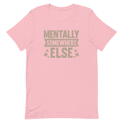 Distressed vintage-style text graphic displaying the phrase “Mentally Somewhere Else,” decorated with scattered star icons and a bold, textured font.