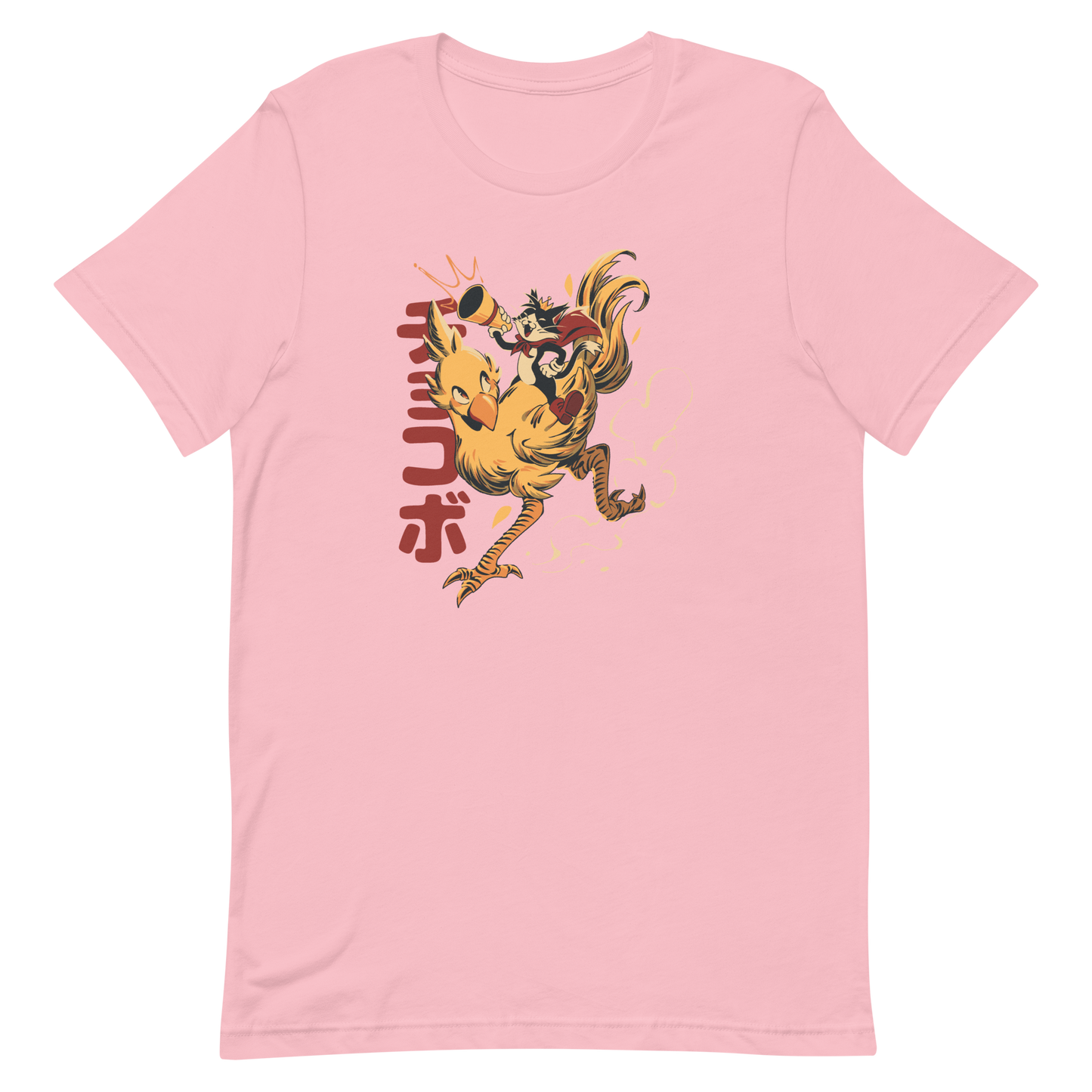 A stylized cartoon illustration of a confident cat wearing a cape and crown while riding a large yellow bird at full speed, with dynamic motion lines and Japanese writing in the background.