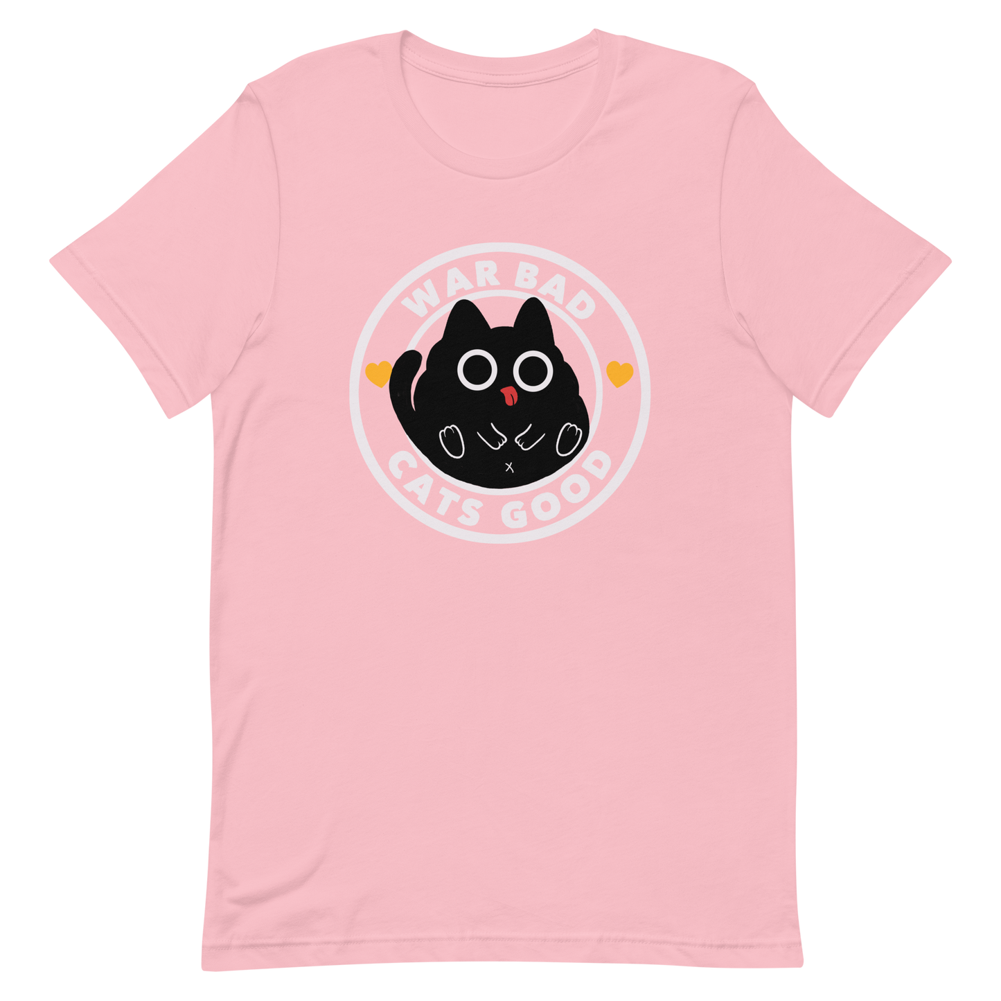 A chubby black cat with big round eyes sits in the center of a circle with the words “War Bad, Cats Good.” This artwork mixes cuteness with a powerful message, reminding us that peace and love always win over conflict. Perfect for cat lovers, peace advocates, and anyone who enjoys playful yet meaningful designs.
