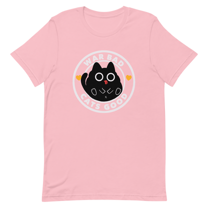 A chubby black cat with big round eyes sits in the center of a circle with the words “War Bad, Cats Good.” This artwork mixes cuteness with a powerful message, reminding us that peace and love always win over conflict. Perfect for cat lovers, peace advocates, and anyone who enjoys playful yet meaningful designs.