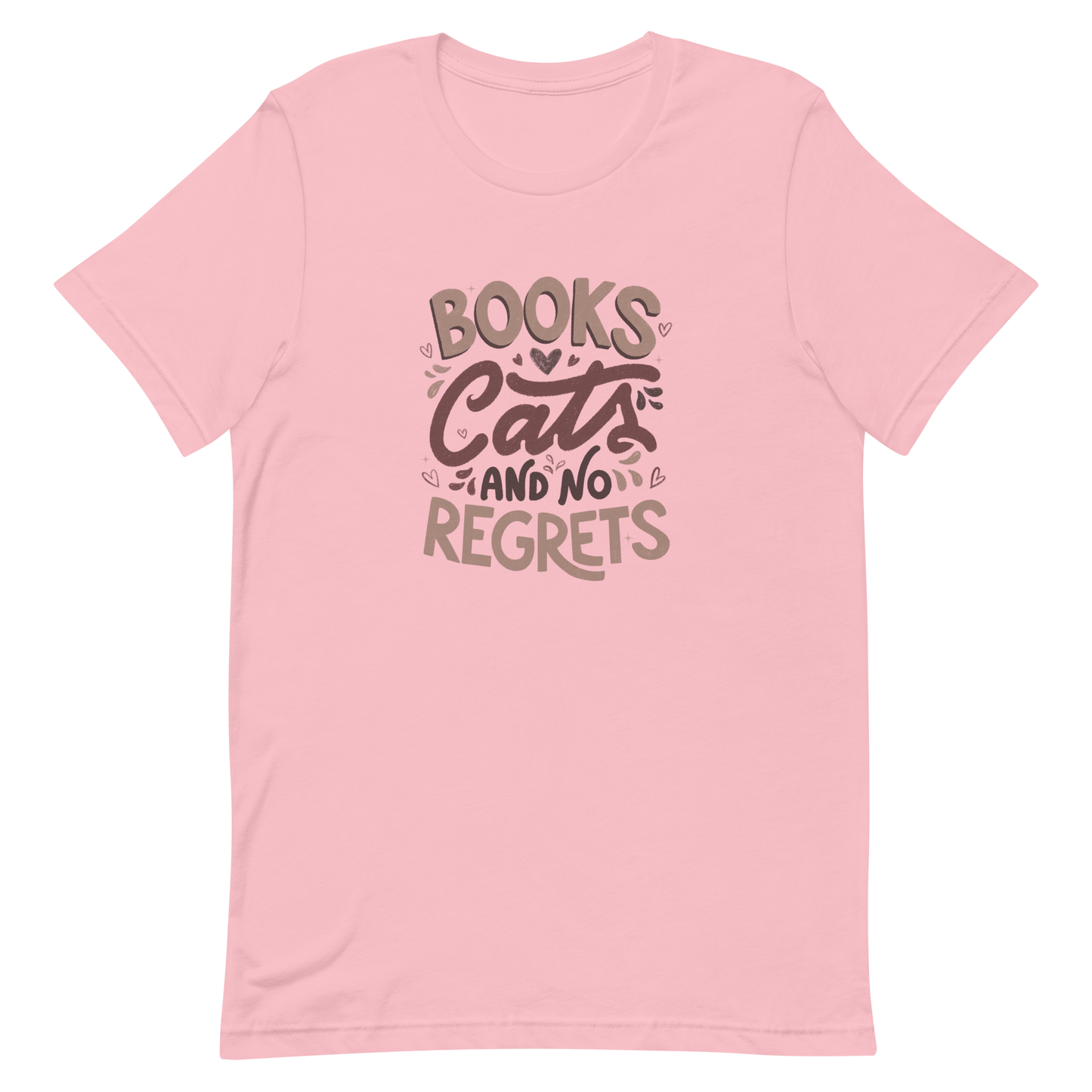 A stylish lettering with the phrase "Books, Cats, and No Regrets," decorated with hearts and cute details, conveys the idea that books and cats are all we need for a happy, regret-free life. Perfect for book lovers and cat lovers who enjoy prints full of personality.
