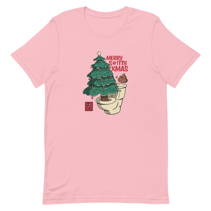 A toilet from which a Christmas tree is being decorated with Christmas decorations by a small poop, next to them the phrase "Merry Shitty Xmas". An art with a lot of humor for the Christmas mood.